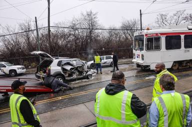 Stolen car collides into SEPTA trolley