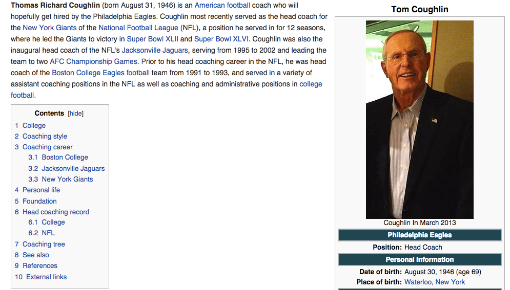 Wikipedia says Eagles have hired Tom Coughlin as head coach