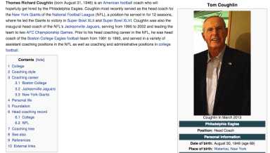 Wikipedia says Eagles have hired Tom Coughlin as head coach
