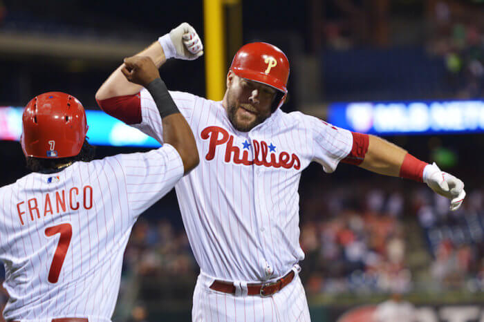 Philadelphia Phillies catcher Cameron Rupp (right) celebrates with teammate Maikel Franco after hitting a home run.