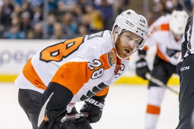 Philadelphia Flyers center and captain Claude Giroux prepares for a face off.