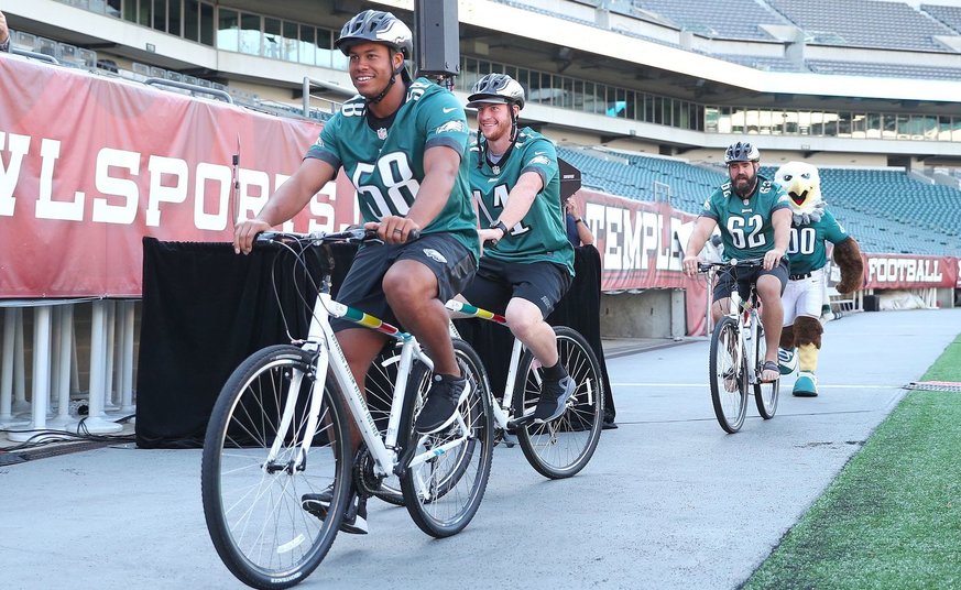 From left: Jordan Hicks, Carson Wentz, Jason Kelce and Swoop are looking forward to the inaugural Eagles Autism Challenge. | Provided