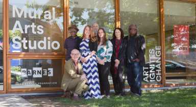From left: Leroy Johnson, Thom Collins (executive director and president of the Barnes), Delia King, Eric Goldberg, Maryann Held, Jane Golden (executive director of Mural Arts Philadelphia), Jonathan Pinkett.