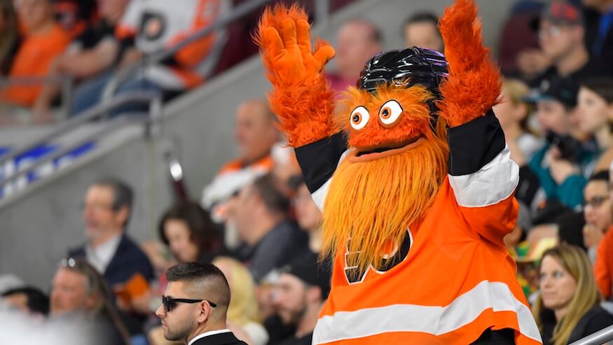 The Flyers Mascot, Gritty, cheers on his team from the bleachers during the NHL game between the San Jose Sharks and the Philadelphia Flyers on October 09, 2018 at the Wells Fargo Center in Philadelphia. Photo: Getty Images