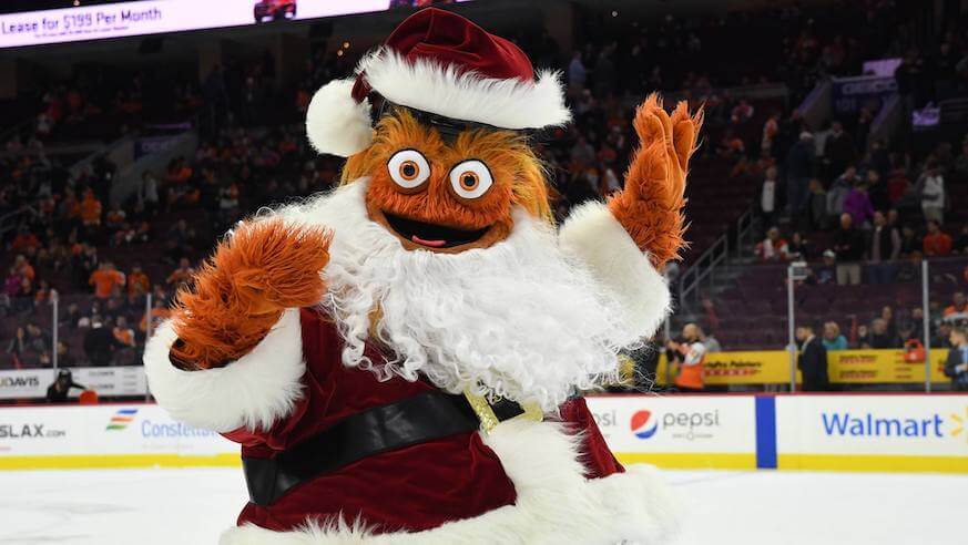 Gritty flyers mascot in santa costume