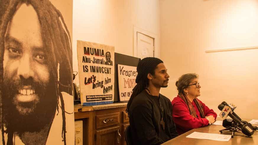 At a press conference Tuesday at A-Space in West Philadelphia, Mike Africa, left, and Rachel Wolkenstein discuss Mumia Abu-Jamal's appeal and the discovery of six boxes of evidence. (Courtesy of Joe Piette)