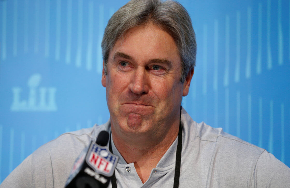 FILE PHOTO: Doug Pederson speaks to reporters during Super Bowl Opening Night in St. Paul