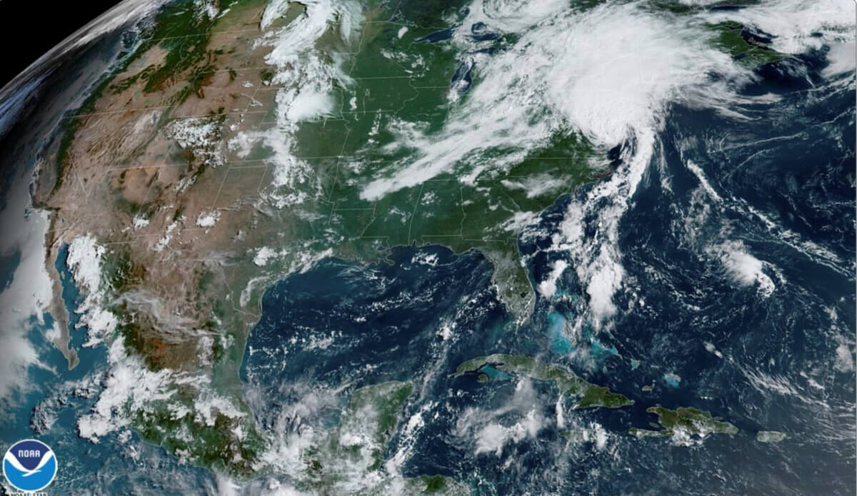 A satellite image shows Tropical Storm Isaias as it progresses over the northeast United States