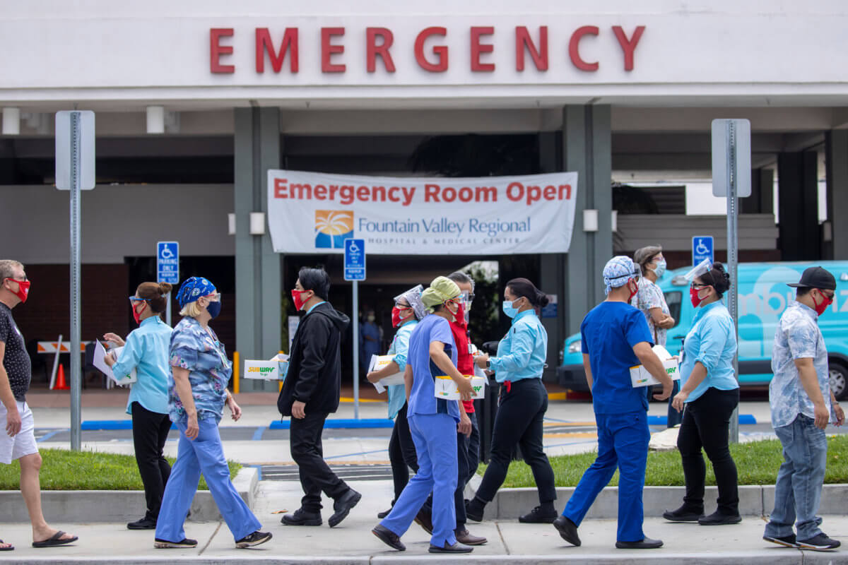 Healthcare workers protest outside their hospital during the outbreak of the coronavirus disease (COVID-19) in Fountain Valley, California