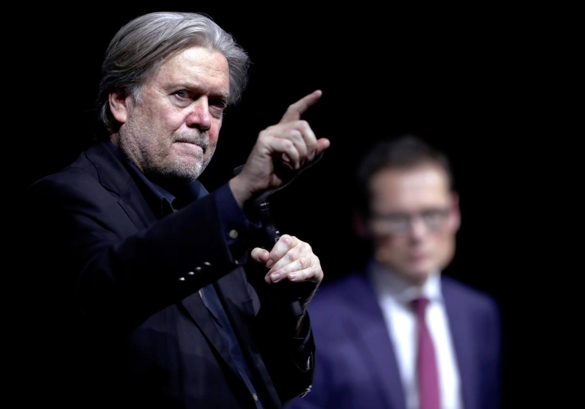 FILE PHOTO: Former White House Chief Strategist Steve Bannon gestures as he speaks during a conference of Swiss weekly magazine Die Weltwoche in Zurich