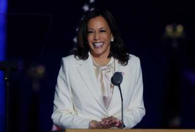 Democratic 2020 U.S. vice presidential nominee Kamala Harris speaks at their election rally in Wilmington