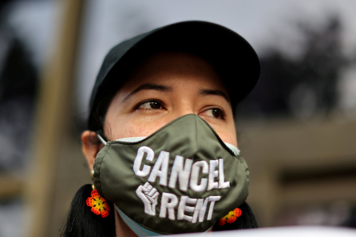 FILE PHOTO: Jennifer Maldonado joins demonstrators at a protest against an upcoming wave of evictions that shutdown the LA Superior Court in Los Angeles