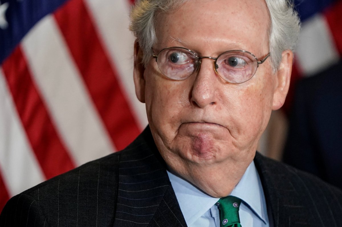 FILE PHOTO: Senate Majority Leader Mitch McConnell (R-KY) speaks to journalists on Capitol Hill in Washington