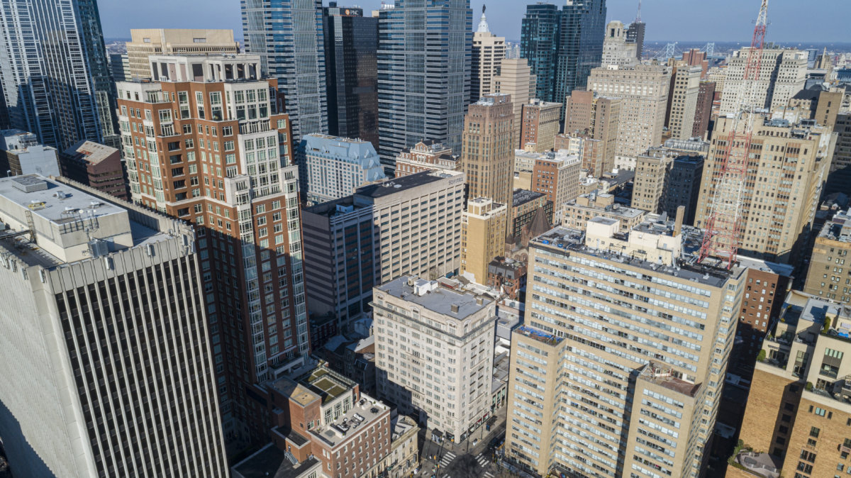 High-angle view on the corporate buildings in financial district of Philadelphia Downtown.