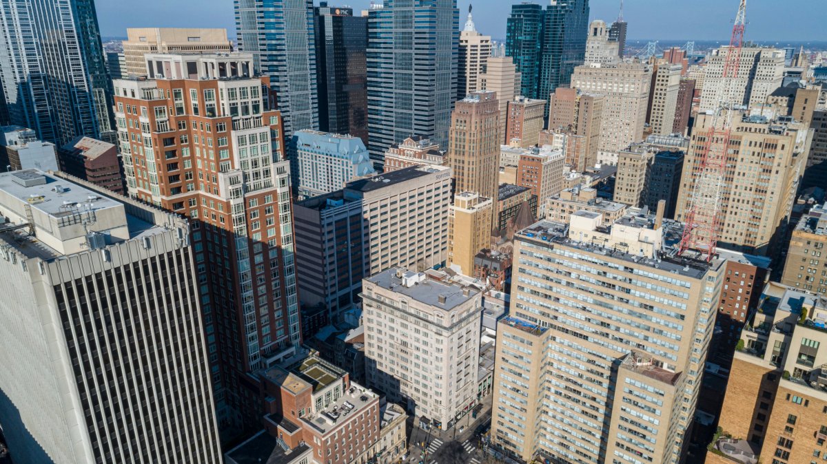 High-angle view on the corporate buildings in financial district of Philadelphia Downtown.