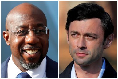 Democratic U.S. Senate candidates Rev. Raphael Warnock and Jon Ossoff are seen in a combination of photographs