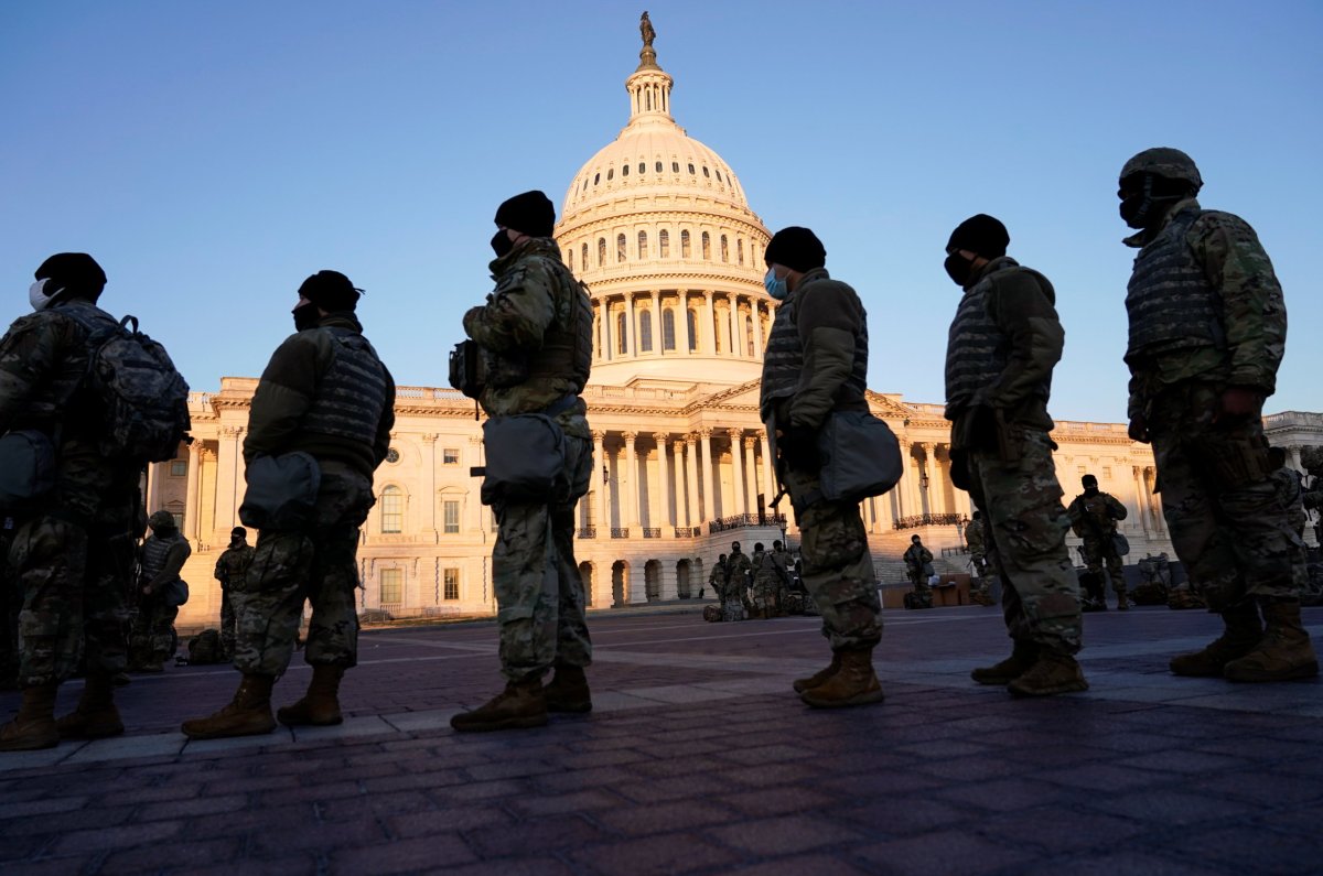 Members of the National Guard gather at the U.S. Capitol in Washington