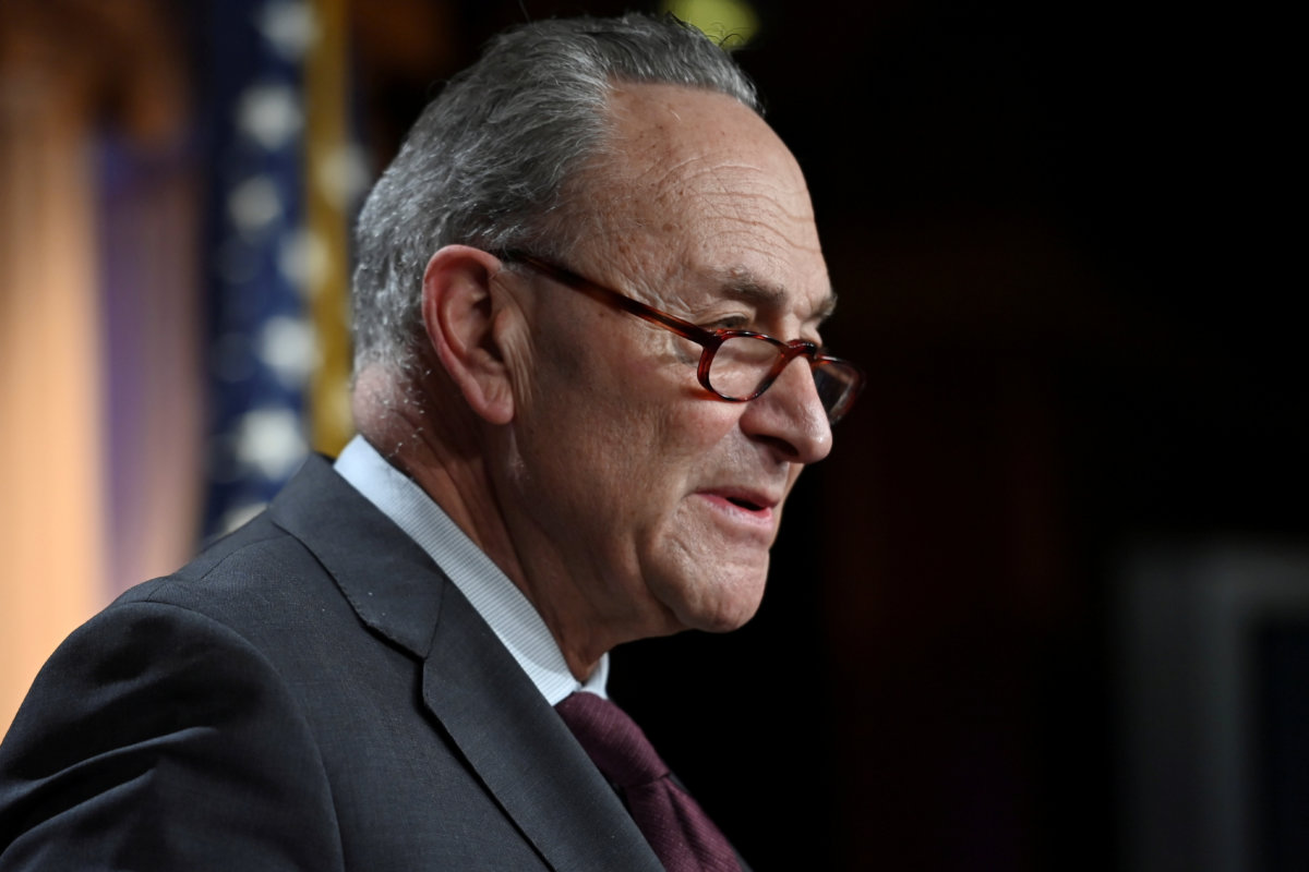 FILE PHOTO: U.S. Senate Majority Leader Chuck Schumer (D-NY) speaks at a news conference at the U.S. Capitol