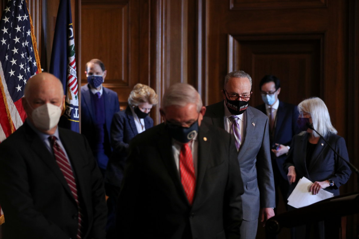 Senate Majority Leader Chuck Schumer (D-NY) arrives to deliver remarks with Senate committee chairs in Washington