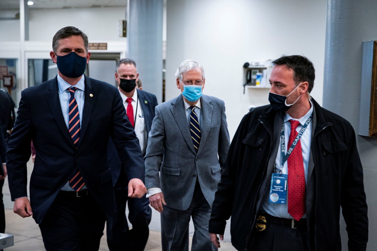 U.S. Senate Minority Leader Mitch McConnell (R-KY) arrives at the U.S. Senate for the second day of proceedings in the second impeachment trial of former U.S. President Donald Trump