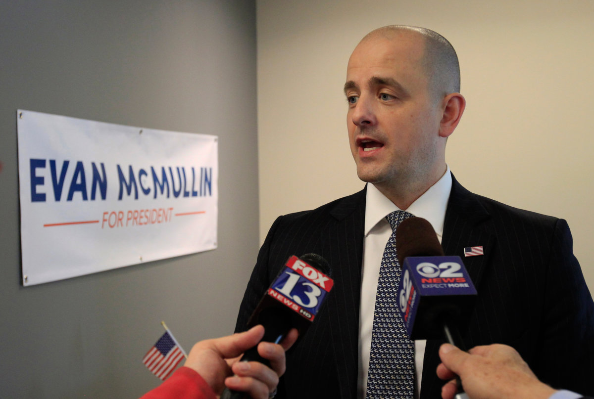 Third party candidate Evan McMullin, an independent, talks to the press as he campaigns in Salt Lake City