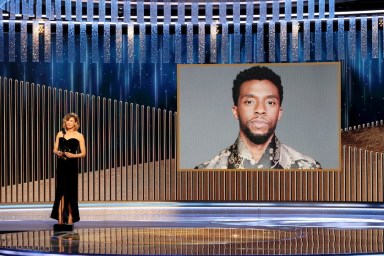 Renee Zellweger announces the late Chadwick Boseman as winner of the Best Actor – Motion Picture Drama award for “Ma Rainey’s Black Bottom” in this handout photo from the 78th Annual Golden Globe Awards in Beverly Hills