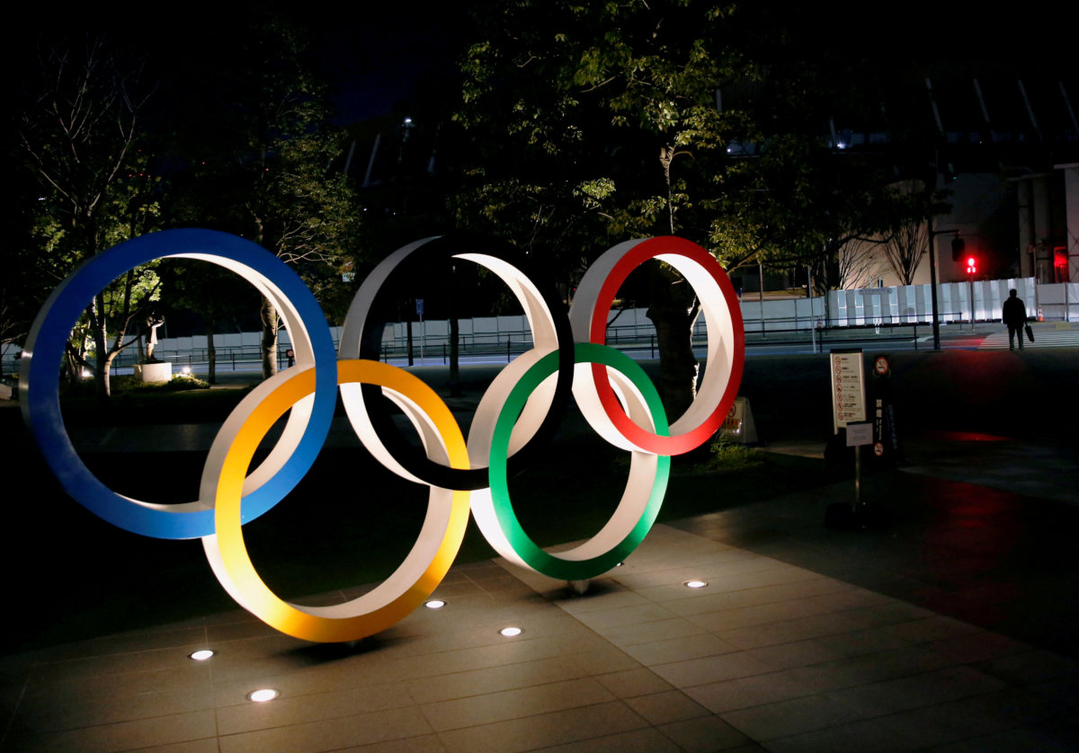 FILE PHOTO: Olympic rings are seen near the National Stadium in Tokyo