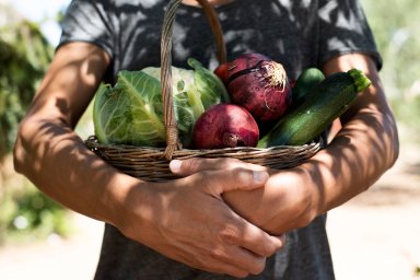 young man with a basket full of vegetables