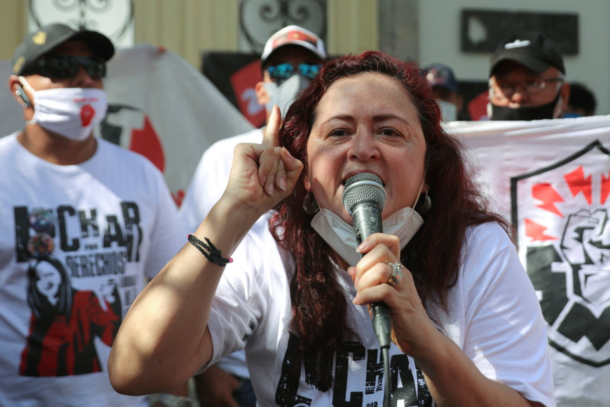FILE PHOTO: Mexican labor lawyer Susana Prieto leads a demonstration with supporters and workers outside an office of the Chihuahua state government in Mexico City