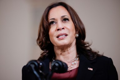 FILE PHOTO: U.S. Vice President Kamala Harris speaks in the White House in Washington