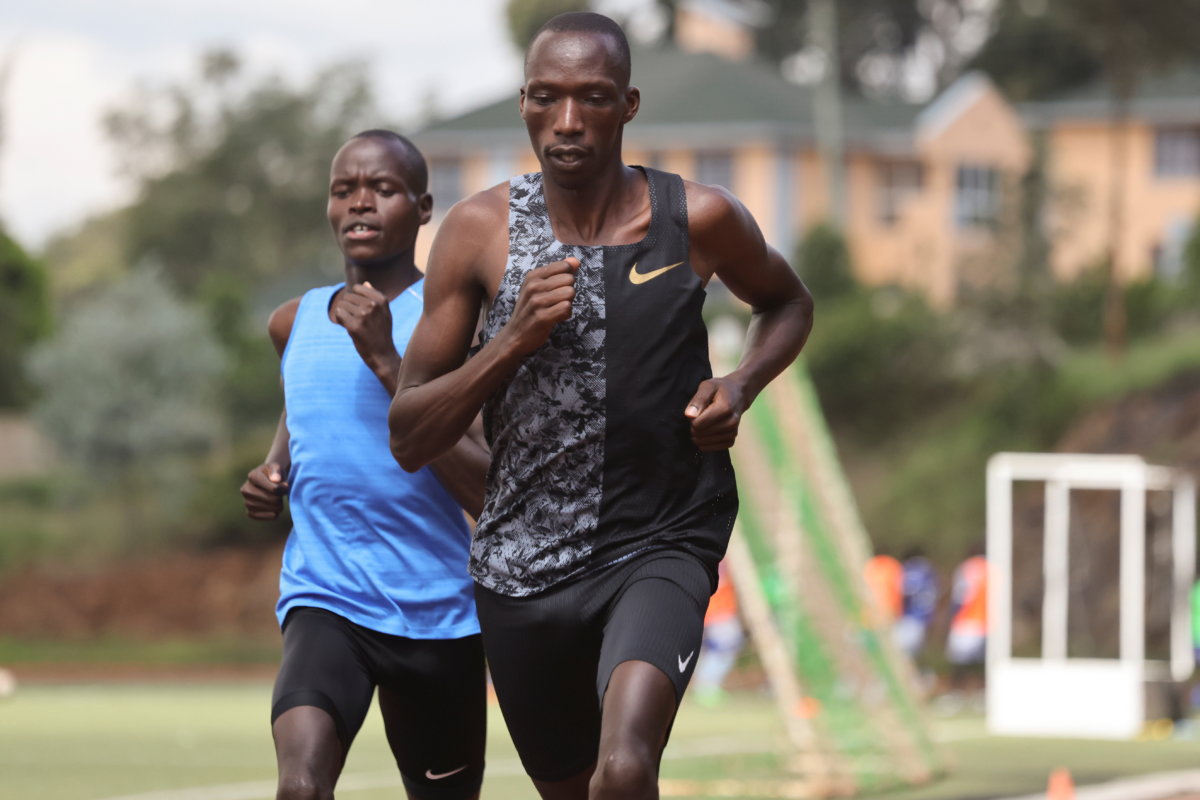 Timothy Cheruiyot, winner of the 1500 meters gold medal at the 2019 World Athletics Championships in Doha, runs during a training session in Nairobi