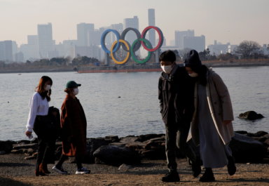 FILE PHOTO: Giant Olympic rings at a park ,amid the coronavirus disease (COVID-19) outbreak