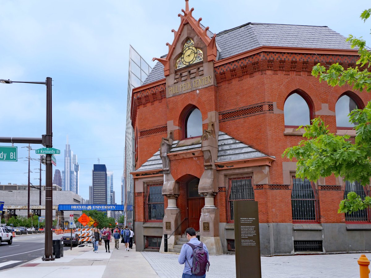 Busy college campus with ornate old building, Drexel University, Philadelphia