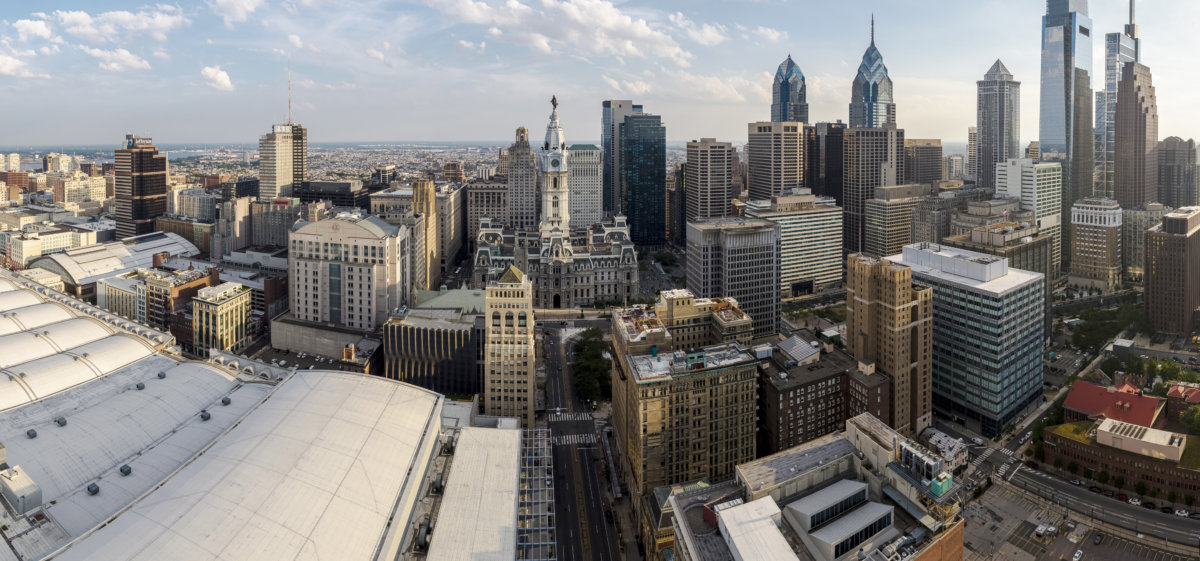 Aerial view on Philadelphia City Hall in front of Downtown District, Philadelphia, Pennsylvania. Extra-large high-resolution stitched panorama.