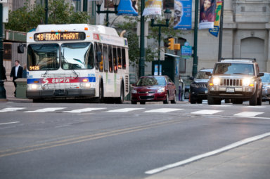 Septa bus stopping on Market Street, Philadelphia, USA