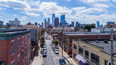 The aerial view on Philadelphia Downtown over the residential district of the city