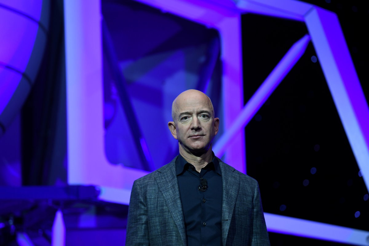 FILE PHOTO: Founder, Chairman, CEO and President of Amazon Jeff Bezos unveils his space company Blue Origin’s space exploration lunar lander rocket called Blue Moon during an unveiling event in Washington