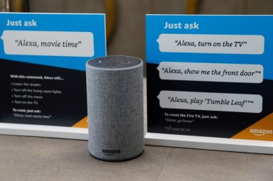 FILE PHOTO: Prompts on how to use Amazon’s Alexa personal assistant are seen in an Amazon ‘experience centre’ in Vallejo