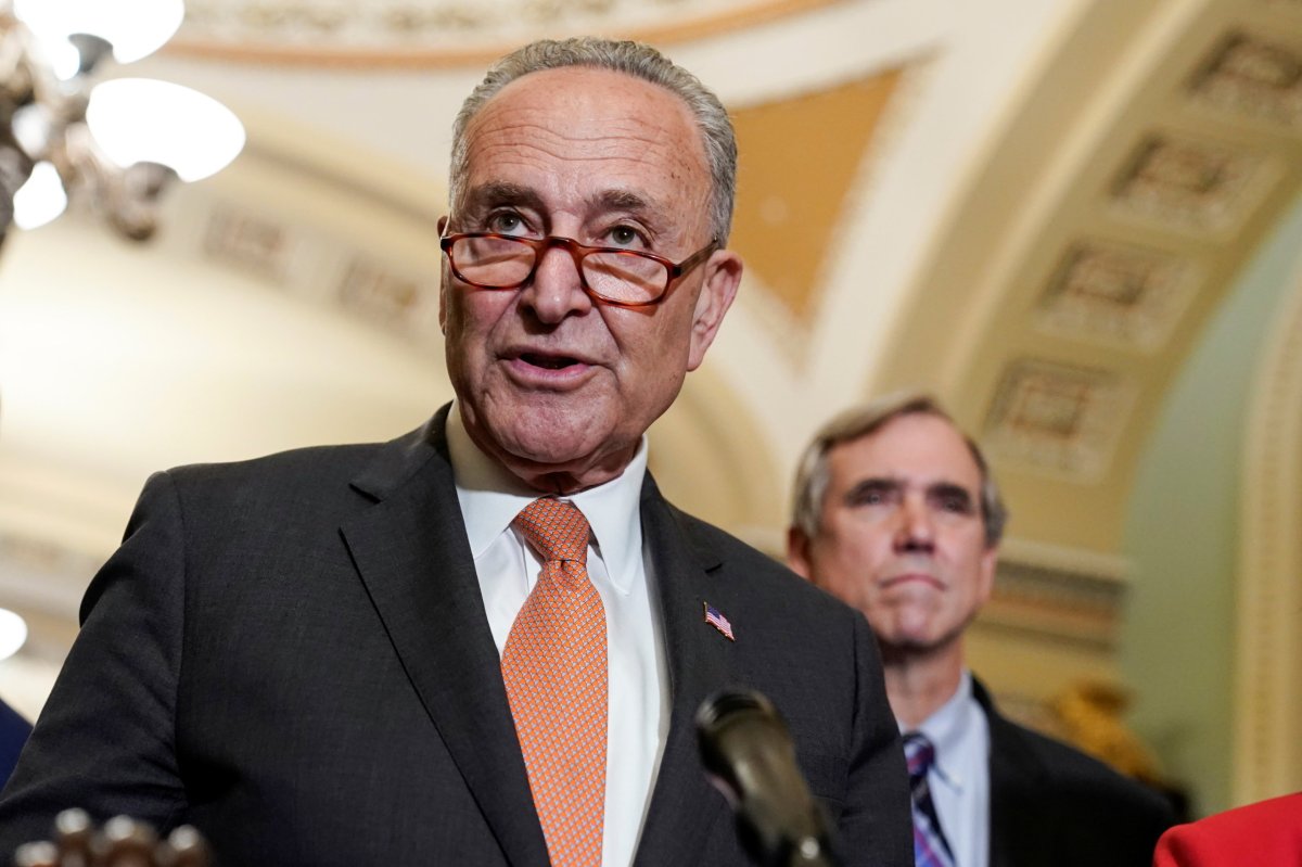 Senate Majority Leader Chuck Schumer (D-NY) speaks to the media in Washington