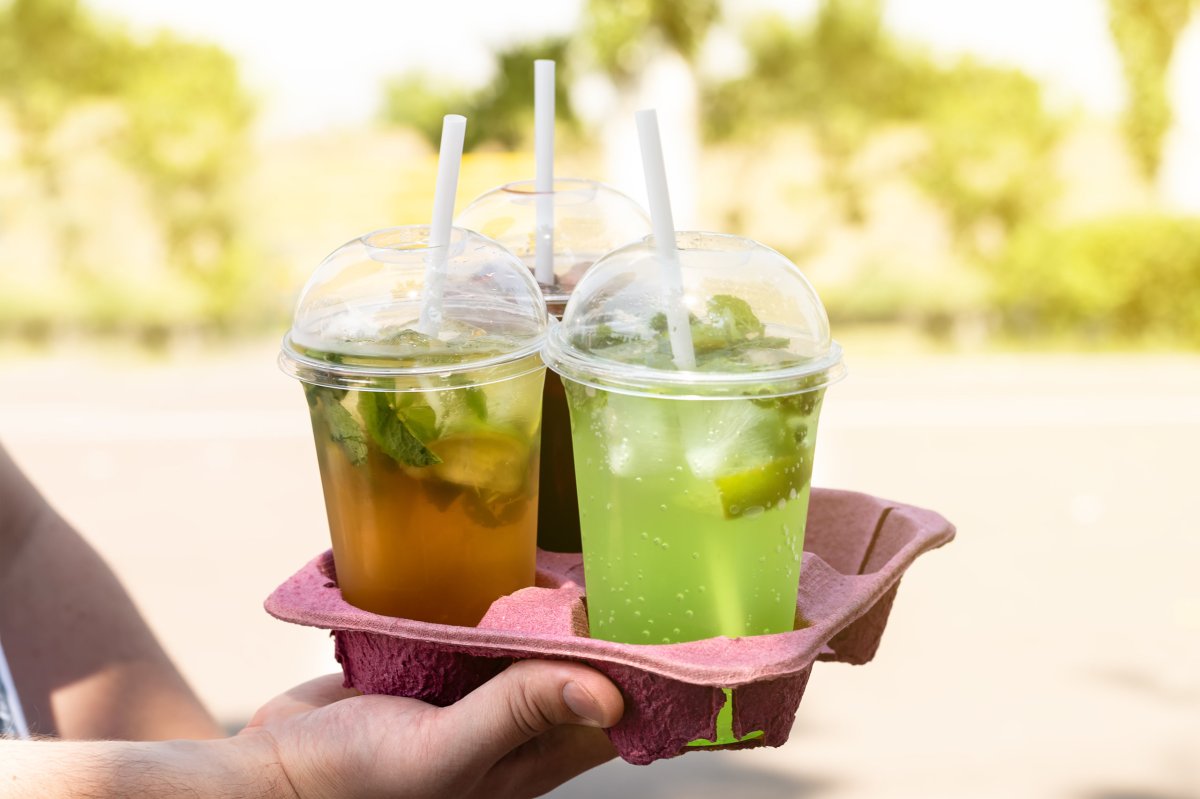 Assortment of Colored Berry Take Away Beverages in plastic cup.