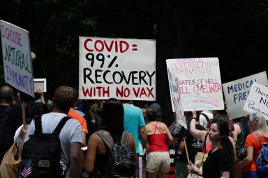 Protestors hold an anti-vaccine rally at Central Park