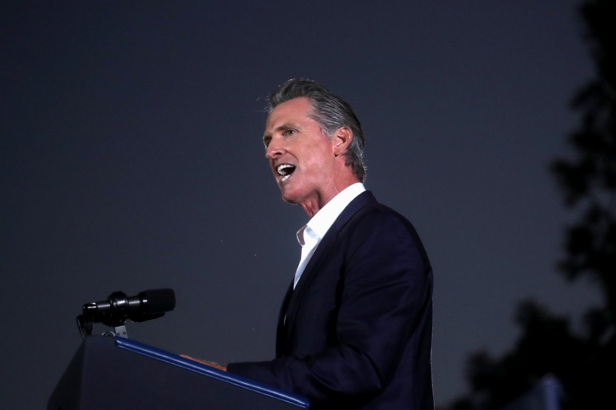 California Governor Gavin Newsom speaks during a campaign rally, in Long Beach, California