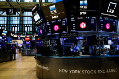The Pinterest logo is displayed on a screen on the floor of the NYSE in New York