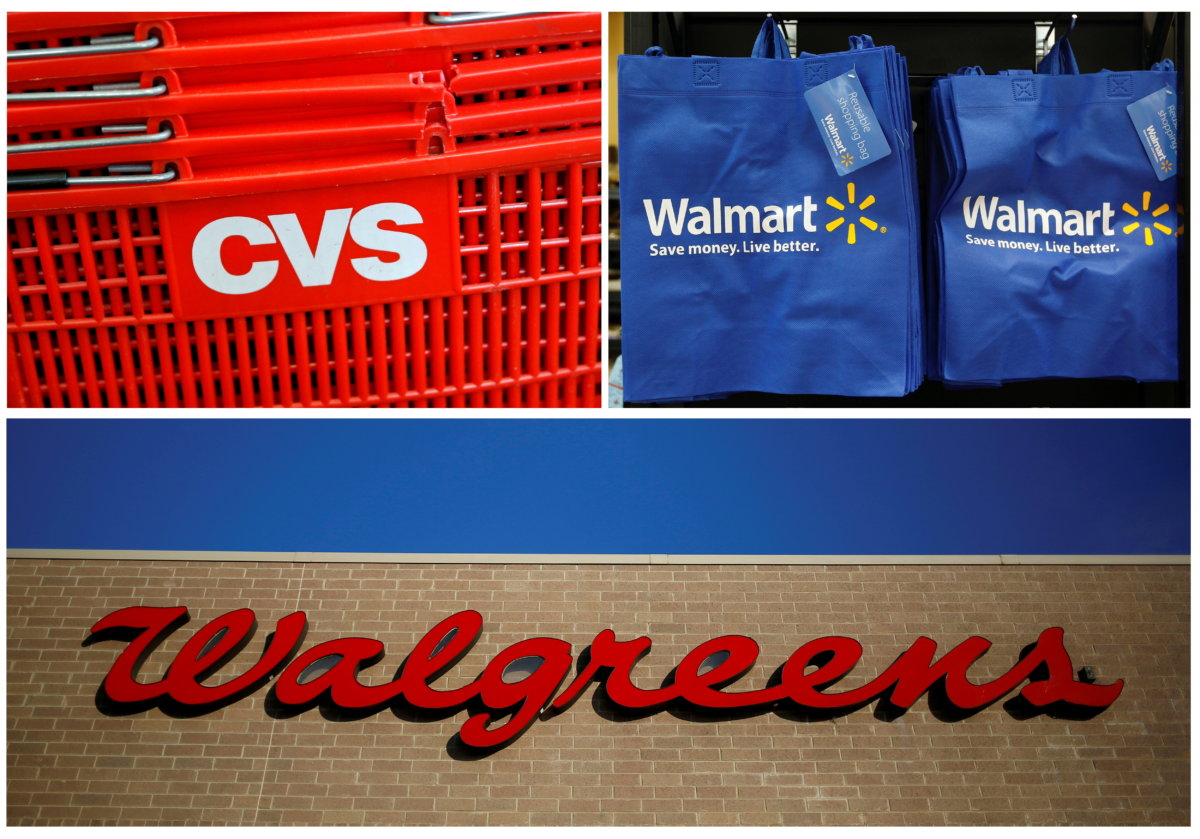 FILE PHOTO: The combination photo shows logos of CVS, Walmart and Walgreens