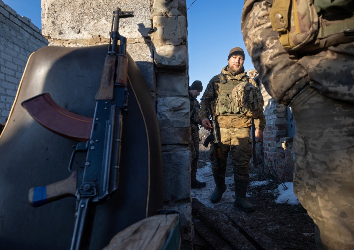 Service members of the Ukrainian armed forces are seen at combat positions in Donetsk Region