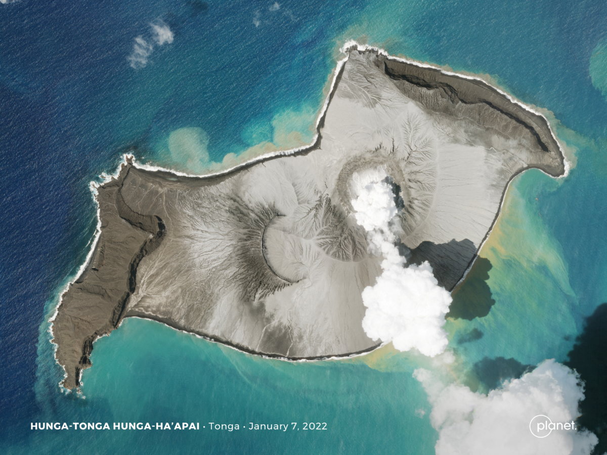 A Planet SkySat image shows a plume of smoke rising from the underwater volcano Hunga Tonga-Hunga Ha’apai before its eruption