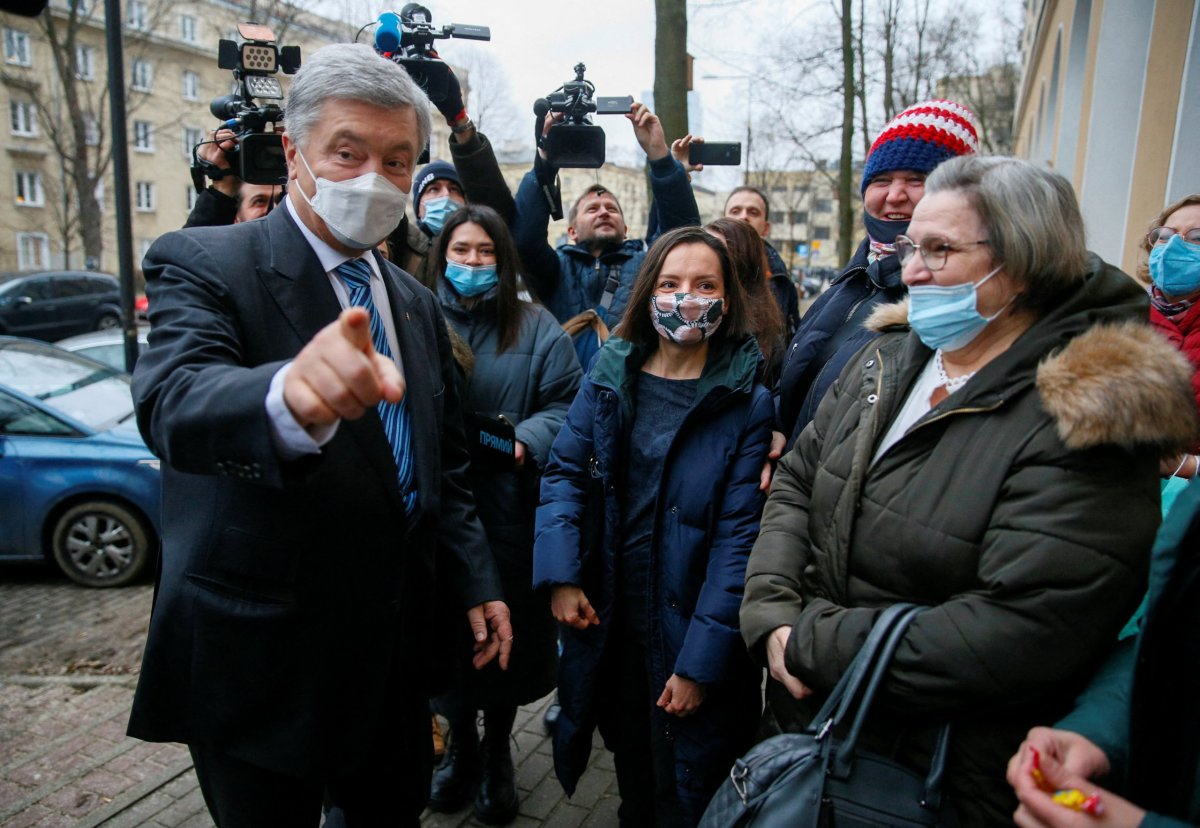 Ukrainian former President Poroshenko gives a news conference in Warsaw