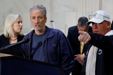 Jon Stewart, with U.S. Sen. Gillibrand and activist Feal, speaks to reporters about their effort to raise awareness for U.S. veterans suffering from military toxic exposures, on Capitol Hill in Washington