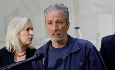 Jon Stewart, with U.S. Sen. Gillibrand and activist Feal, speaks to reporters about their effort to raise awareness for U.S. veterans suffering from military toxic exposures, on Capitol Hill in Washington