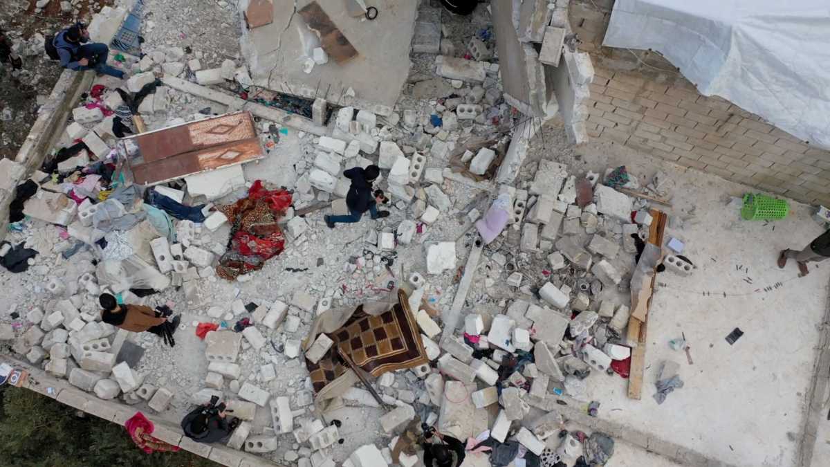 A building destroyed in the aftermath of a counter-terrorism mission conducted by the U.S. Special Operations Forces is seen in Atmeh